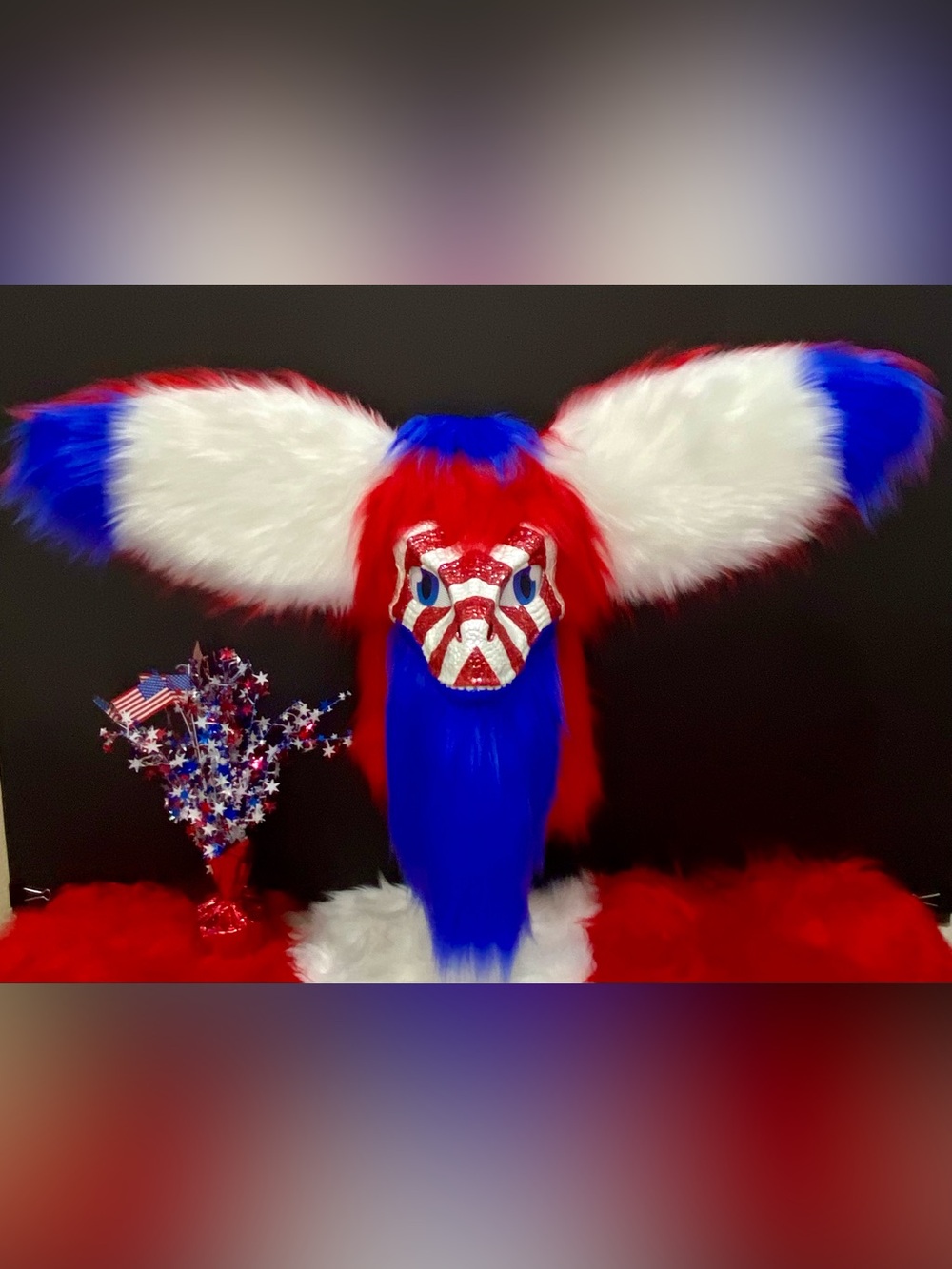 Dino Fursuit Head Mask  Red White & Blue Faux Fur w/nub tail . Celebrate 250th